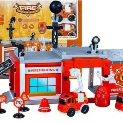 [ "Battery-powered fire station + friction-driven cars - electronic toy", "Set: Battery-powered fire station and friction-driven cars for play", "Toy: Battery-powered fire station with attached friction-driven cars", "Battery-powered fire station + friction-driven cars - interactive toy", "Children's toy: Battery-powered fire station with friction-driven cars" ]