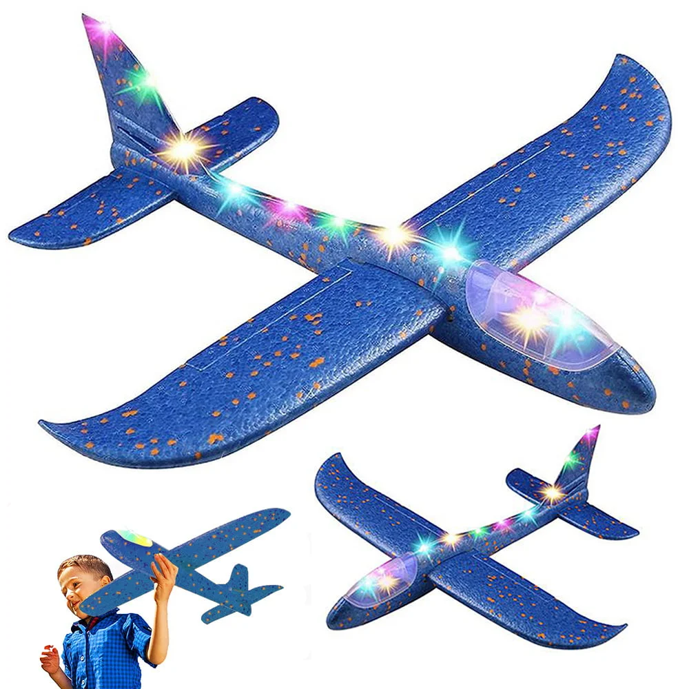 Blue 10 LED Styrofoam airplane, 49cm long, with three lighting modes during flight.