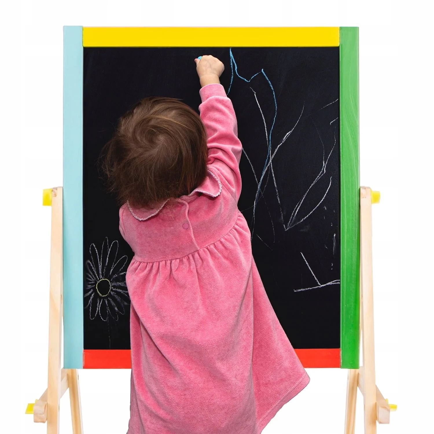 Double-sided wooden drawing board 65 cm + 11 chalks a child drawing on a chalkboard