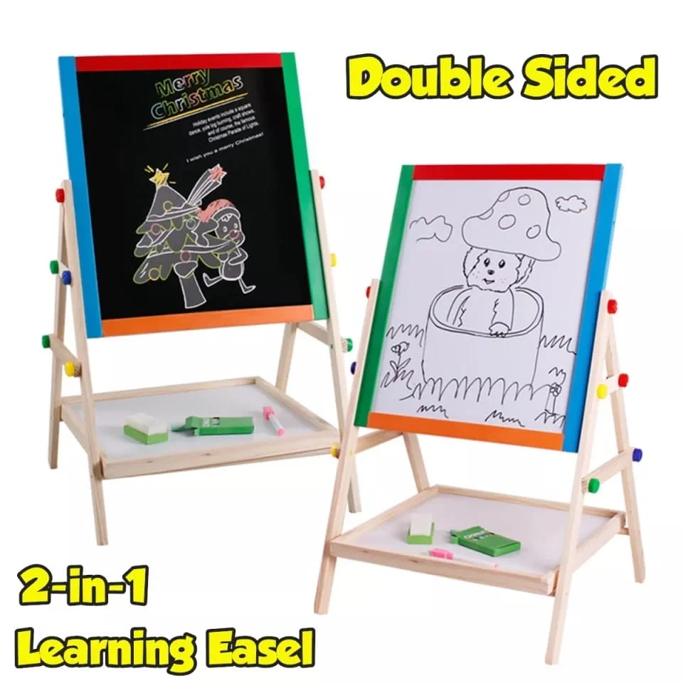 Double-sided wooden drawing board 65 cm + 3 chalks a two easels with drawings