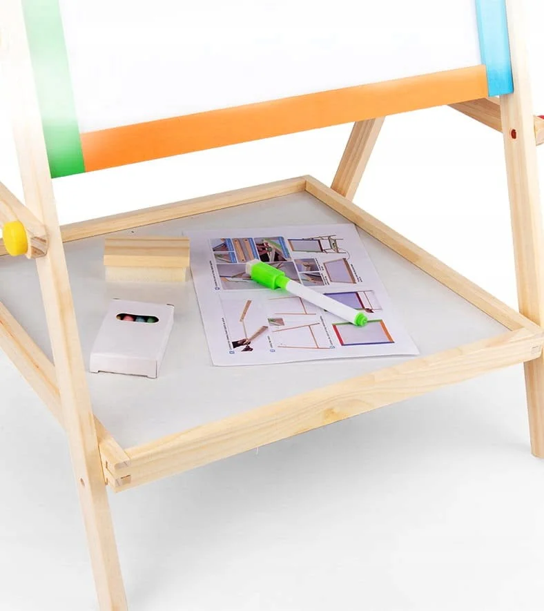 Double-sided wooden drawing board 65 cm + 5 chalks a white board with a pen and a picture of a drawing