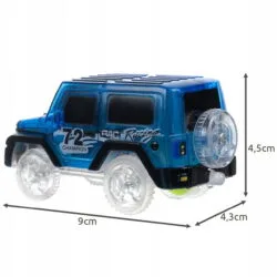 a blue toy car with sizes and measurements