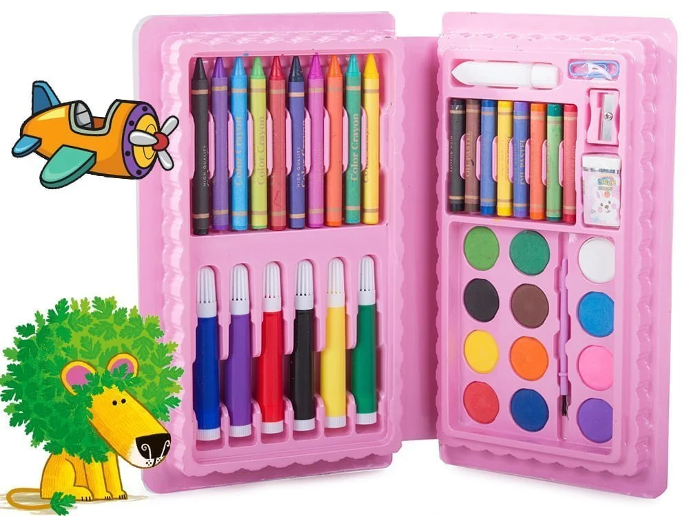 42-piece pink art set of crayons and markers for painting