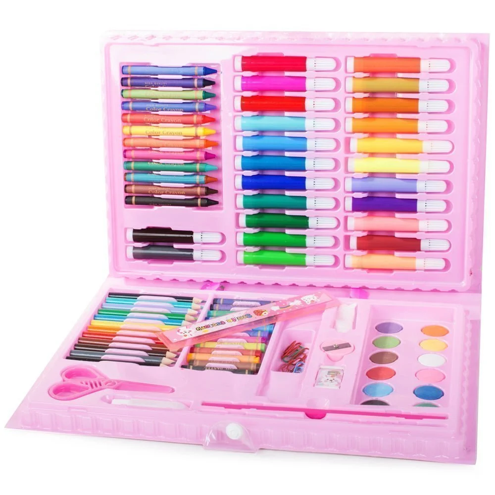 Set de desene roz cu 86 de piese, format din creioane colorate și markere pentru pictat, într-o cutie deschisă.