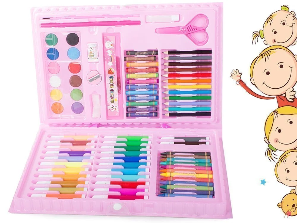 Set de artă roz cu 86 de piese, format din creioane colorate și markere