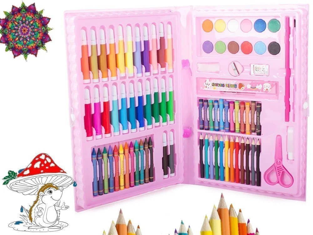 Set de artă roz cu 86 de piese, format din creioane colorate și markere