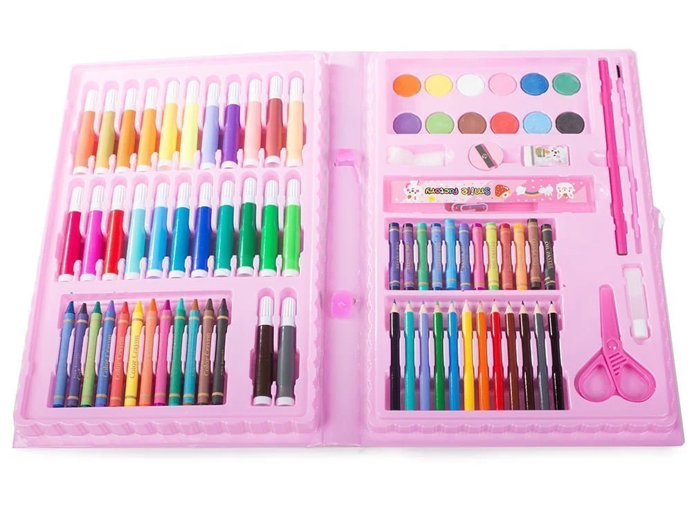 Set de artă roz cu 86 de piese, format din creioane colorate și markere
