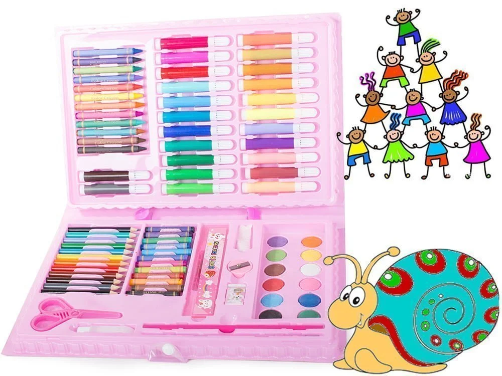 Set de artă roz cu 86 de piese, format din creioane colorate și markere