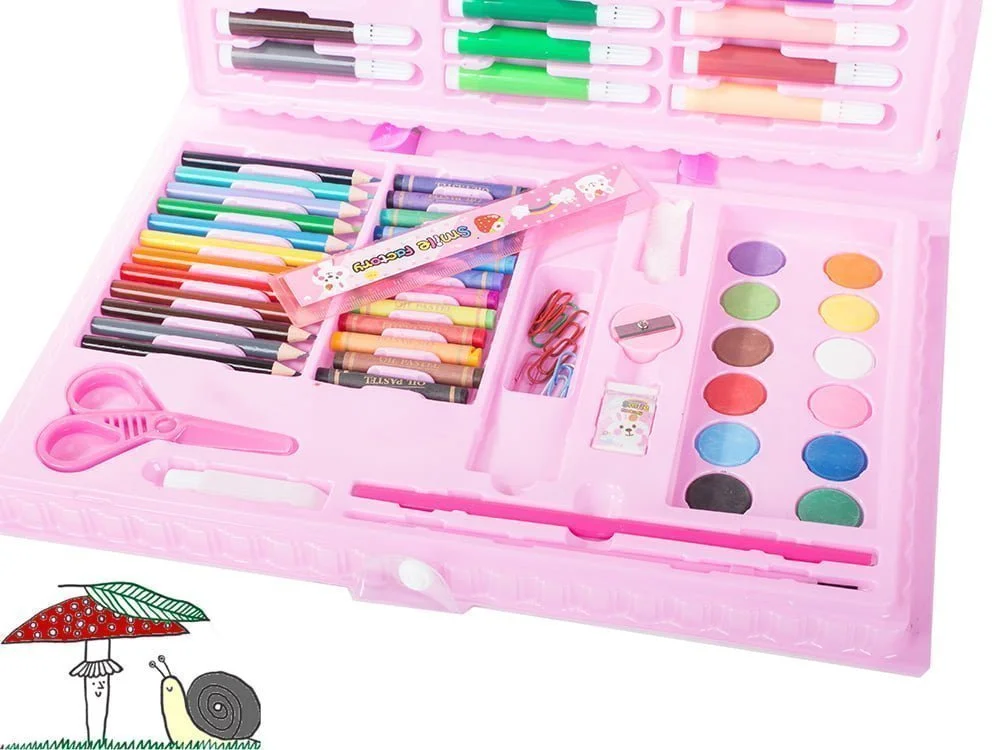 Set de artă roz cu creioane colorate și markere