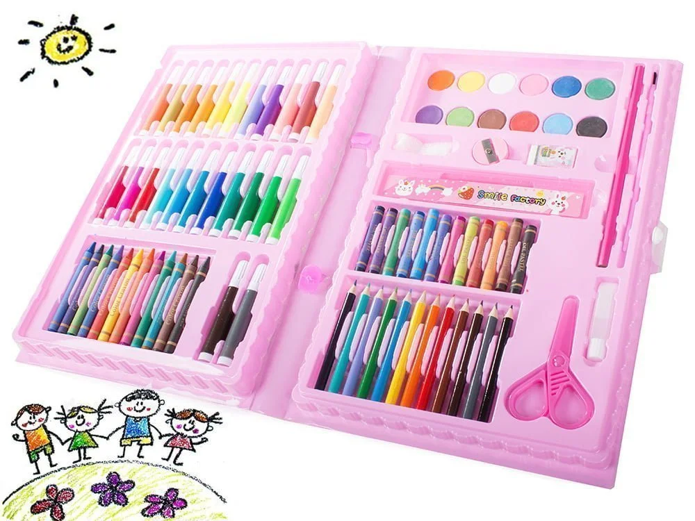 Set de desene roz cu 86 de piese, format din creioane colorate și markere