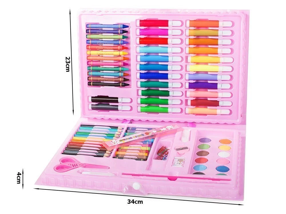 Set de artă cu 86 de piese, creioane colorate și markere roz