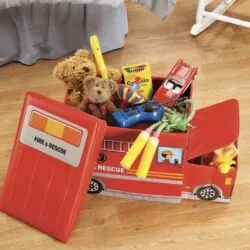 Red children's stool and fire truck storage chest