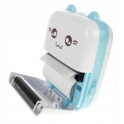 a small white and blue device with a face