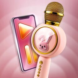 a pink microphone and a cellphone