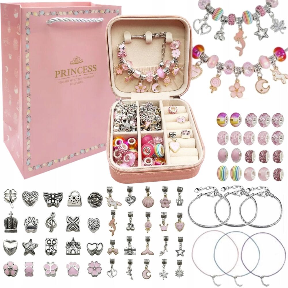 a pink box with jewelry and a bag full of earrings