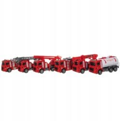 a group of red and white toy trucks