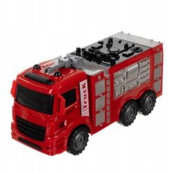 a red toy truck with black wheels
