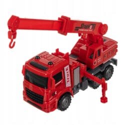 a red toy truck with a crane