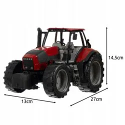 a red and black tractor with sizes and measurements