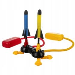 a toy rocket set with a red and yellow tube