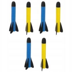 a group of blue and yellow rockets