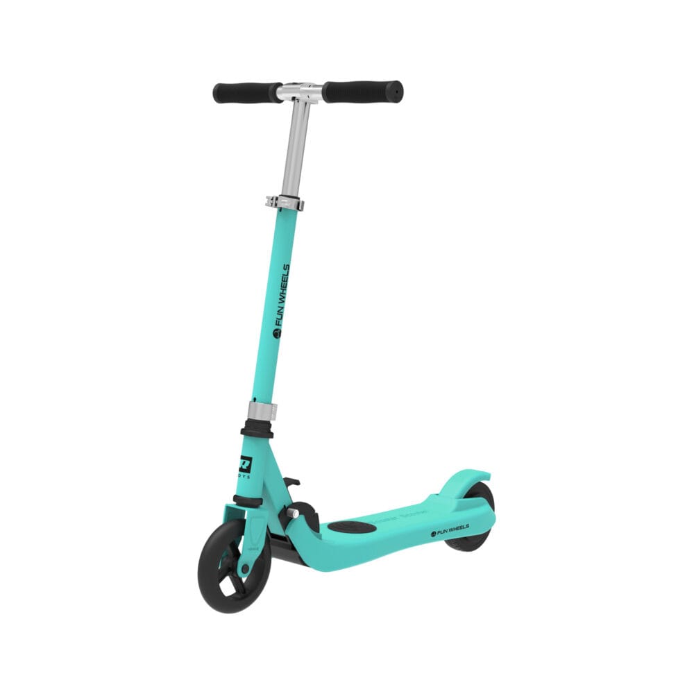 a blue scooter with black wheels