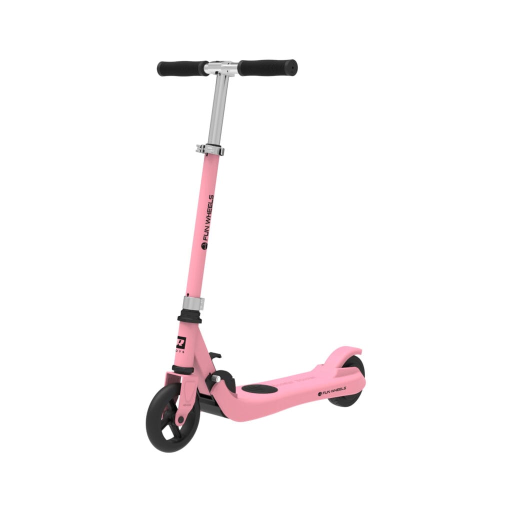 a pink scooter with black wheels