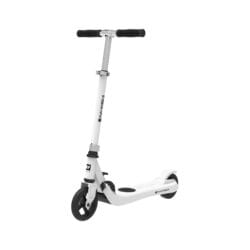a white scooter with black wheels