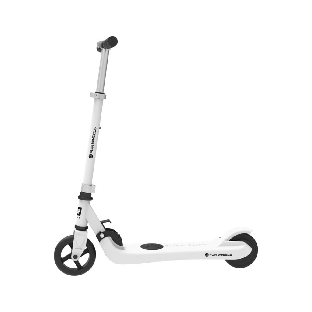 a white scooter with black wheels