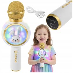 USB aku. 800mAh bluetooth 5.1 SD karaoke mikrofon z zvočnikom RGB LED zajček bel