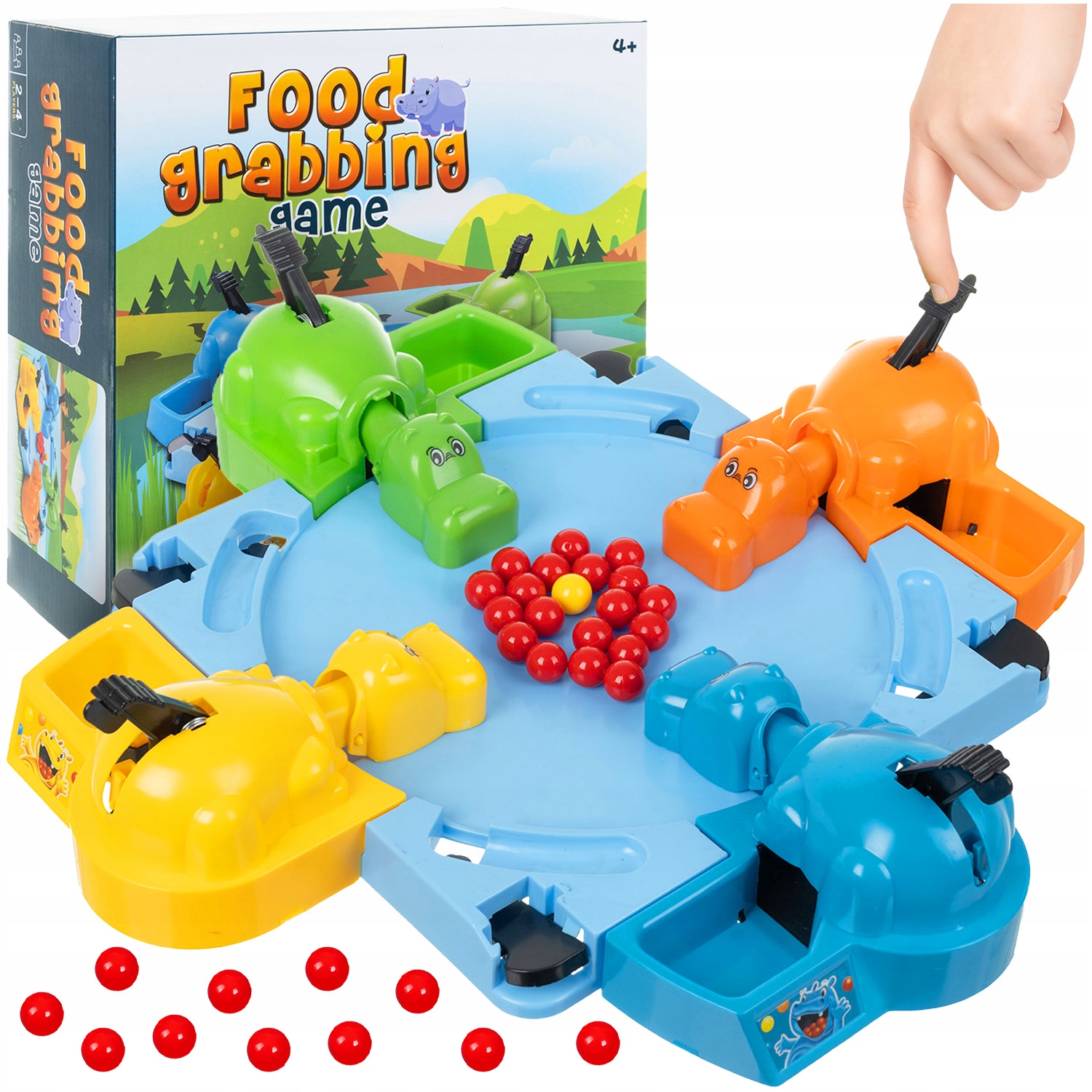 Arkadna družabna igra Hungry Hippos 1 Arkadna družabna igra Hungry Hippos s pisanimi lačnimi povodnimi konji in kroglicami.