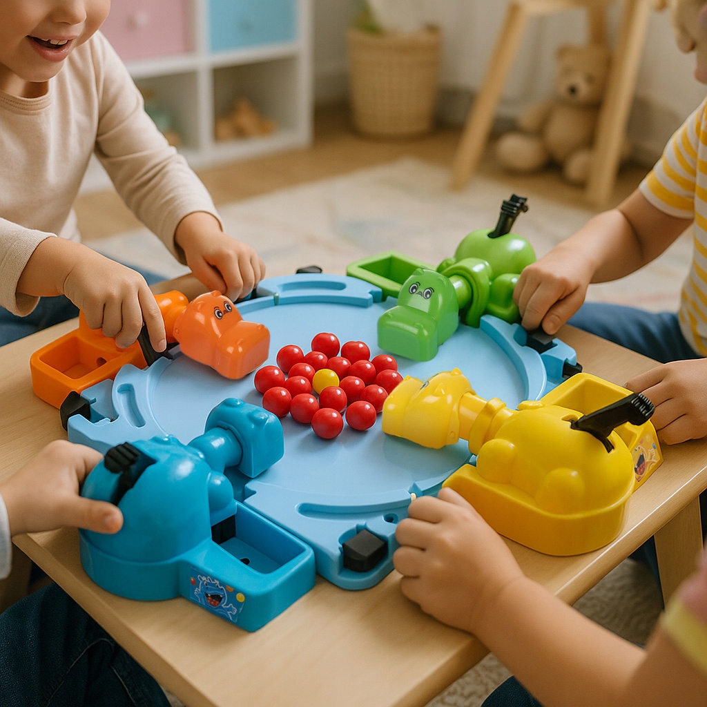 Arkadna družabna igra Hungry Hippos 2 Štirje pisani plastični povodni konji v družabni igri Hungry Hippos