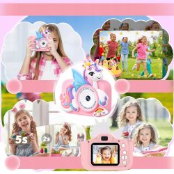 48Mpx otroški fotoaparat LCD samorog roza 32GB SD kartica 23 Roza otroški fotoaparat z motivom samoroga in silikonskim ovitkom