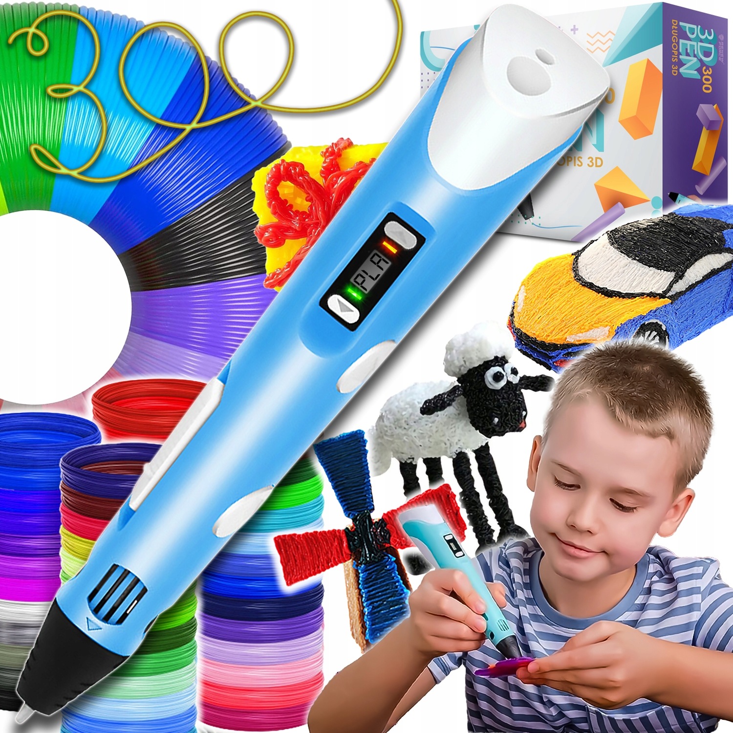 3D pisalo 5V tiskalnik kit 300m PLA filamentov USB moder 1 Moder 3D pisalo in komplet s 300 metri barvnih PLA filamentov za ustvarjanje